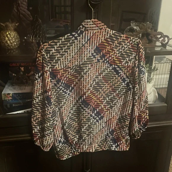 Red and Blue Graphic Blouse with Mandarin Collar and 3/4 Sleeves - Picture 2 of 2
